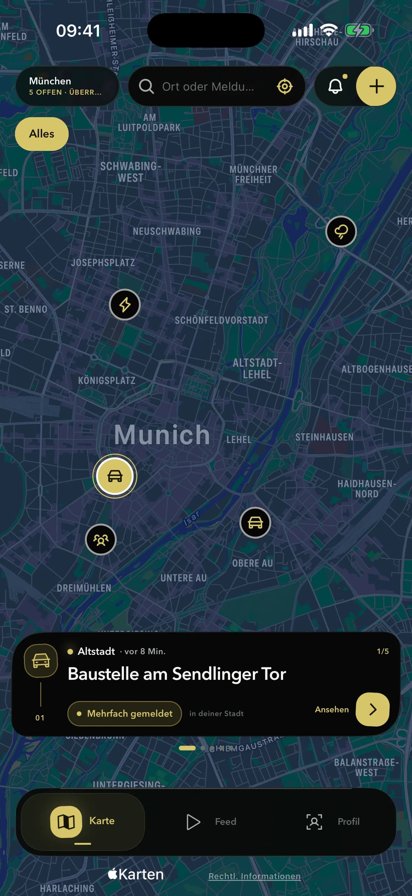 Stadtlage-App mit lokalen Beobachtungen auf einer Stadtkarte