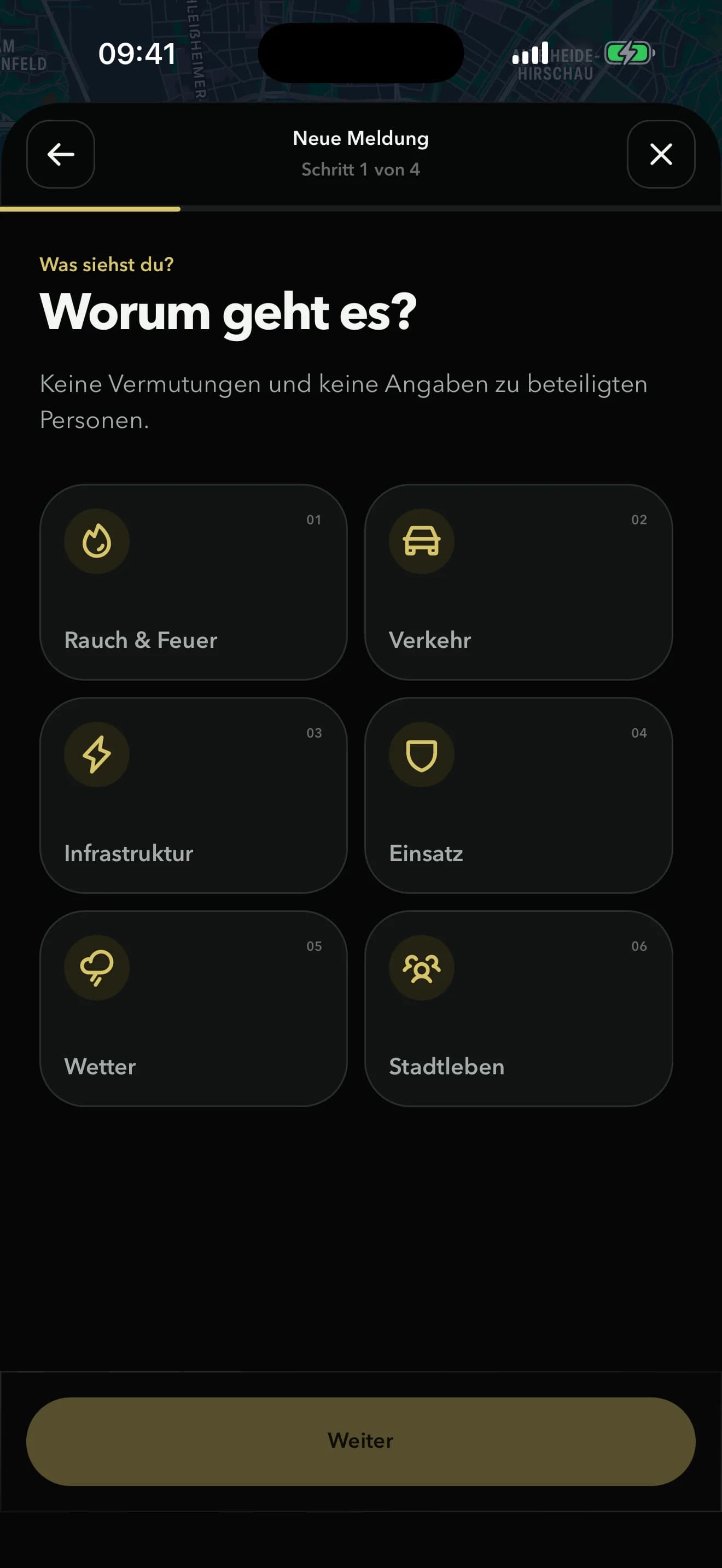 Stadtlage Formular zum Melden einer neuen lokalen Beobachtung